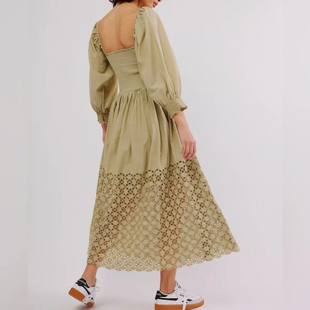 NEW 💛 Free People 💛 Perfect Storm Boho Smocked Midi peasant dress XS